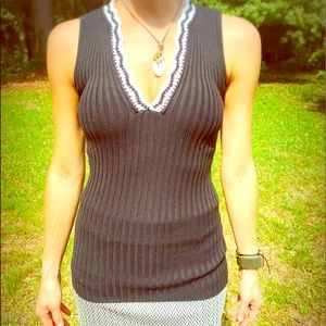 Cache, crocheted detailed sleeveless shirt.